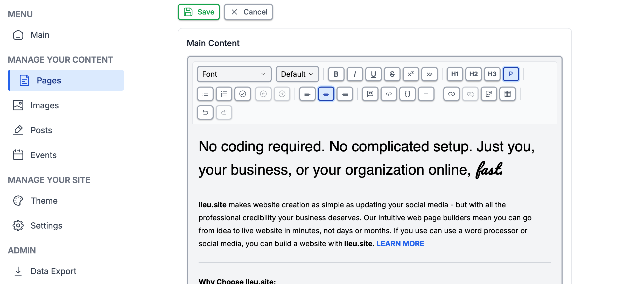 Screenshot of editing a page